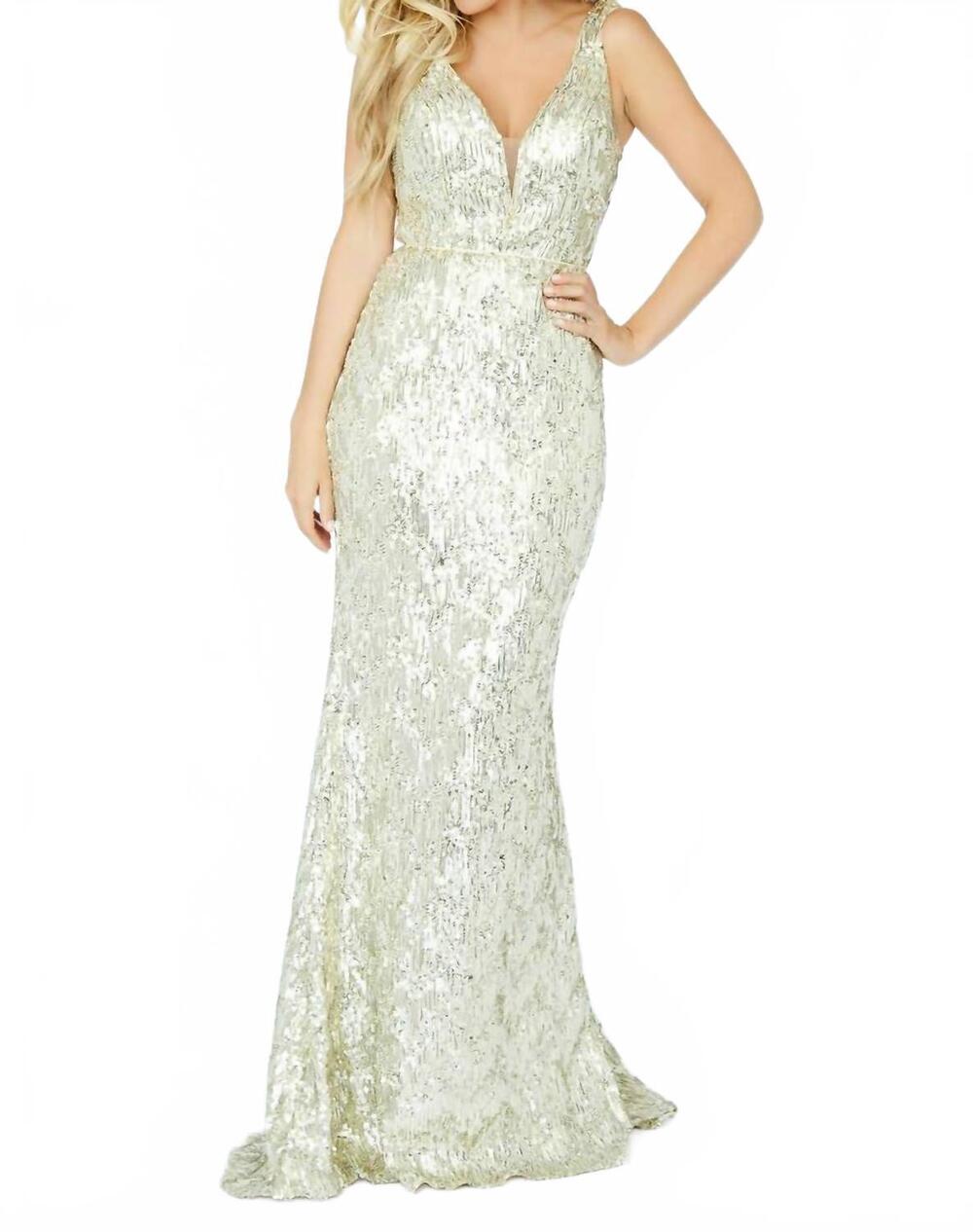 NEW JOSH & JAZZ stretch sequins v neck prom dress in gold